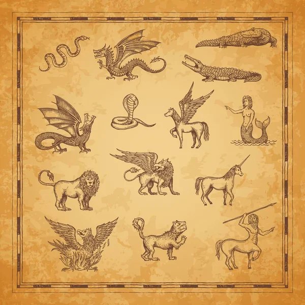 古色古香的独角兽 龙和羊驼 迷你裙 美人鱼和鳄鱼 狮鹫和狼人的地图人物 神话传说动物和古代藏宝图怪物的矢量草图 — 图库矢量图片