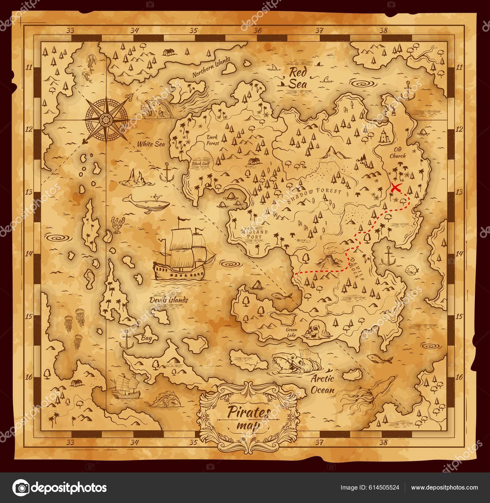 Rolo de mapa antigo, mapa do tesouro antigo do pirata para o jogo