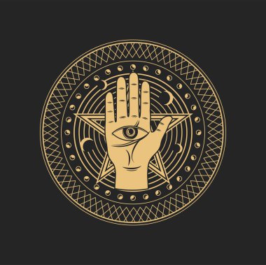 Okült esrarengiz sembol göz insan elinde ve pentagram yıldız içinde ay ile birlikte. Manevi mason veya tarot kartları sembolik, izole tılsım, simya veya el falı.