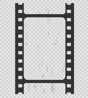 Grunge film şeridi, izole edilmiş film şeridi. Şeffaf arkaplanda kumlu dokuya sahip vintage vektör makarası. Fotoğraf negatif resim veya çizik kenarlı sinema slaytı, retro fotoğraf