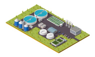Isometric arıtma tesisi, su kanalizasyonu ve atık su arıtma sistemi. Tank rezervleri ve boruları olan vektör atık su arıtma tesisi, 3D izometrik tesisler