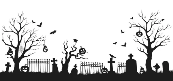 Silueta Del Cementerio Halloween Tumbas Árboles Del Cementerio Valla Cementerio — Archivo Imágenes Vectoriales