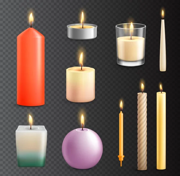 Velas Realistas Luz Velas Tealight Com Chama Fogo Vetor Isolado — Vetor de Stock