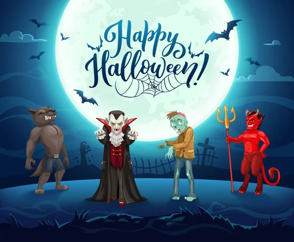 Halloween characters. Night holiday landscape. Angry werewolf, scary Dracula vampire and creepy zombie, evil devil or hell demon with trident on night cemetery. Halloween celebration vector background