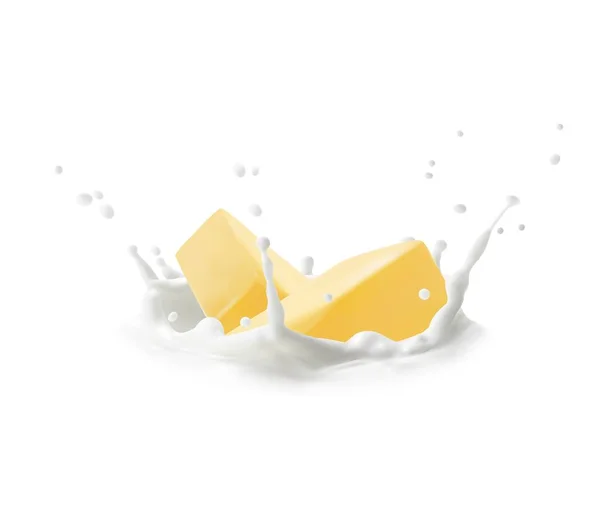 Mantequilla Realista Salpicaduras Leche Diseño Vectorial Piezas Aisladas Mantequilla Amarilla — Vector de stock