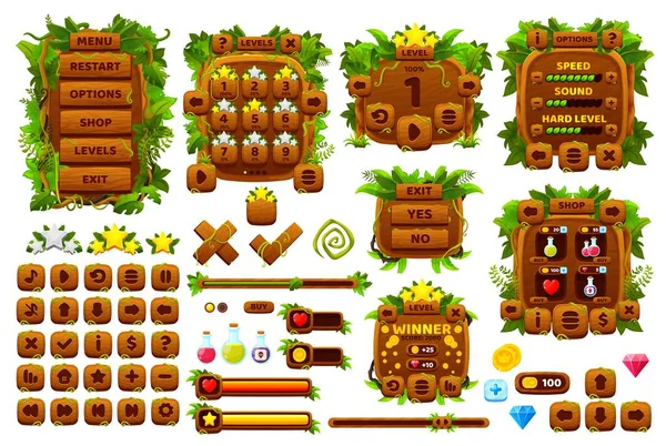丛林游戏界面 一款游戏钮扣 桂质元素与矢量棕榈叶和奇异的热带森林藤本植物 木制选项菜单 进度条和水平面板 动作按钮游戏资产 — 图库矢量图片