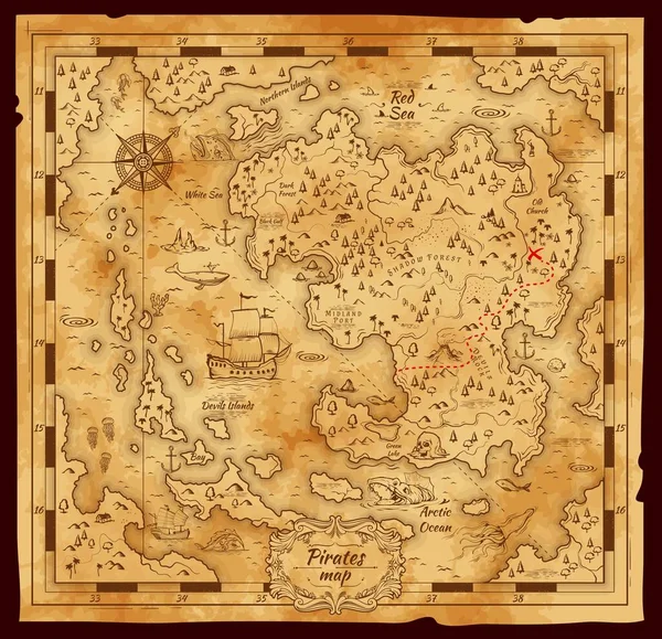 Old Pirate Treasure Map Vector Worn Parchment Corsair Loot Location — Stock Vector