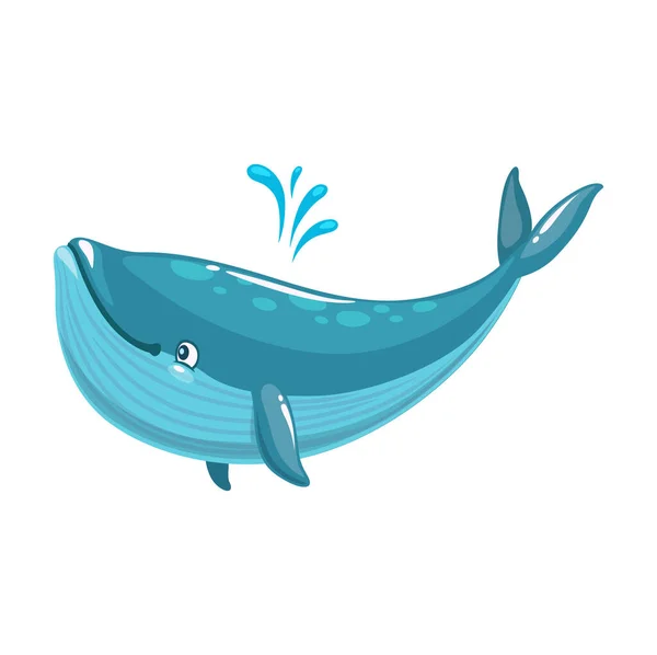 Cartoon Funny Blue Whale Character Water Splash Vector Cute Sea — Stock Vector