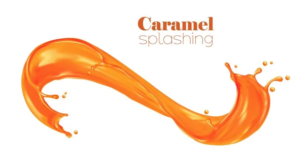 캐러멜 스플래시 현실적 캐러멜 거품을 녹이는 디저트 오렌지 흐르는 — 스톡 벡터