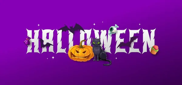 Bannière Halloween Chat Noir Sorcière Silhouettes Chauves Souris Volantes Jack — Image vectorielle