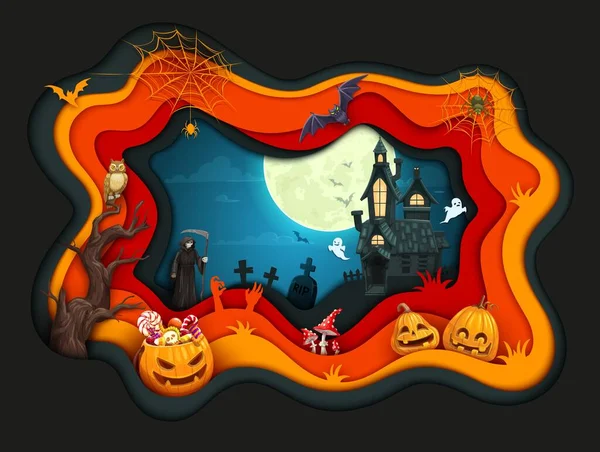 Halloween Vacances Papercut Paysage Avec Mort Faucheuse Grim Cimetière Tombes — Image vectorielle