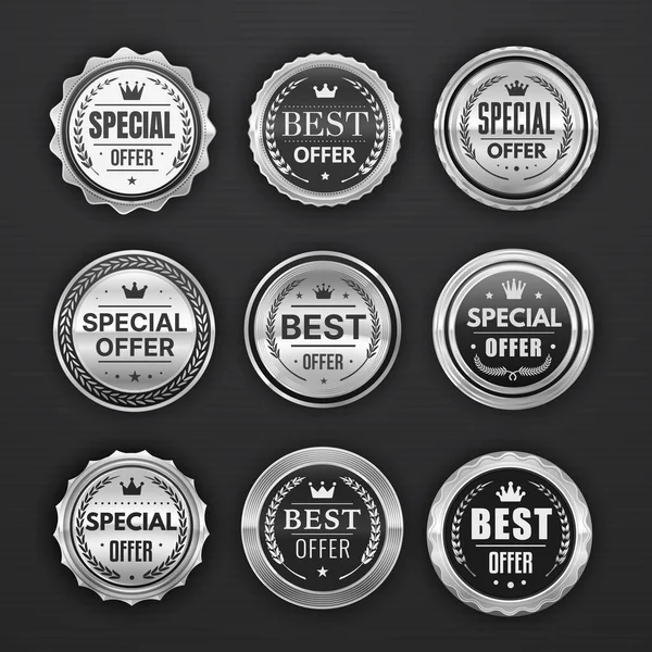 Beste Speciale Aanbieding Zilveren Badges Labels Lintstickers Prijskaartjes Vector Premium — Stockvector