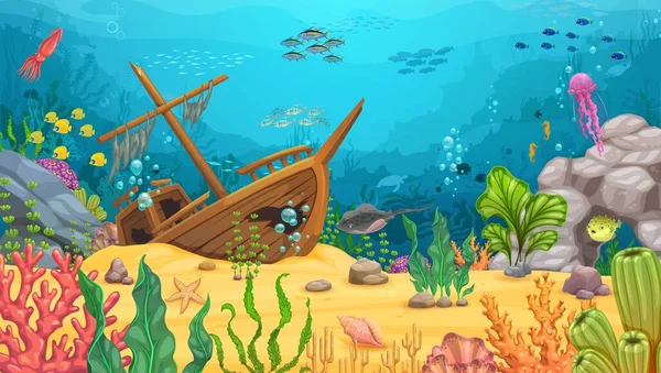 Cartoon Unterwasserlandschaft Mit Versunkenem Segelschiff Vektor Unterwasser Spielebene Schiffbruch Oder — Stockvektor