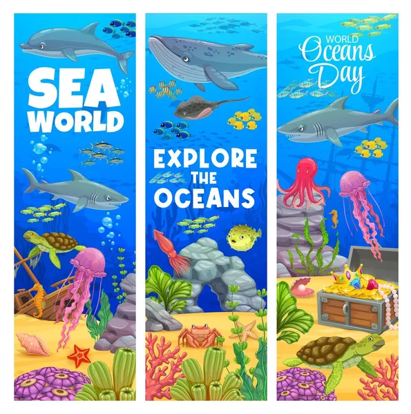 Cartoon Underwater Landscape Banners Sea Bottom Sunken Ship Whale Turtle — Stock Vector