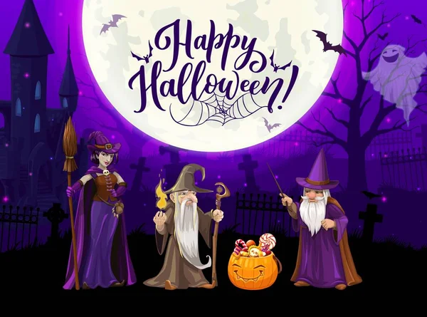 Des Personnages Halloween Sorcier Sorcier Sorcier Pendant Les Vacances Nocturnes — Image vectorielle