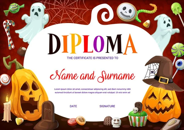 Dyplom Dzieci Kreskówka Halloween Dynie Cukierki Pajęczyna Świadectwo Osiągnięcia Edukacji — Wektor stockowy