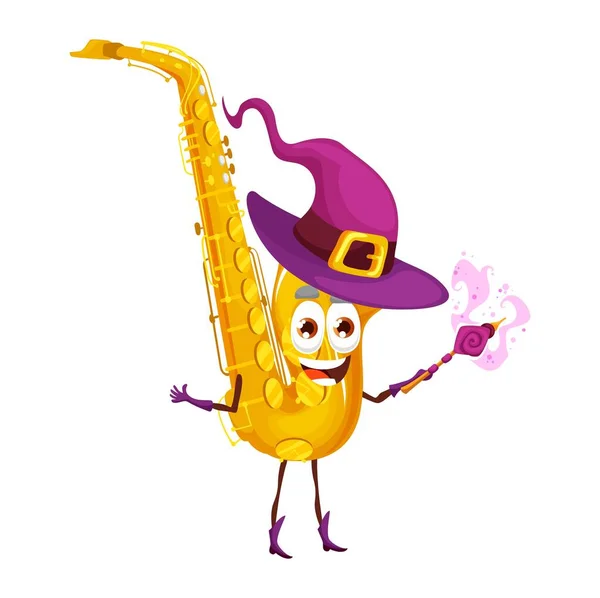 Cartoon Saxophone Wizard Character Magic Wand Sax Fantasy Musical Wind — Stock Vector