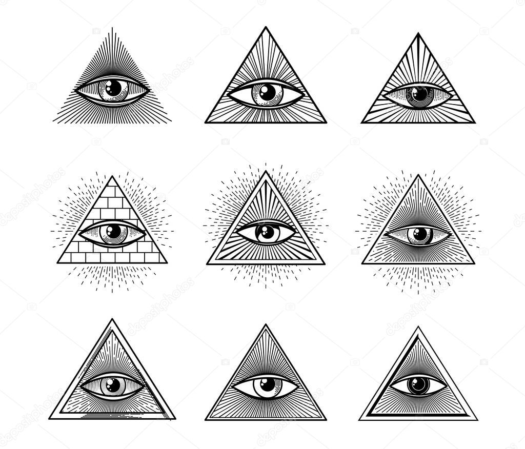 Providence illuminati eye in pyramid triangle, occult and esoteric vector symbol. Freemason illuminati all seeing eye, magic sign of alchemy and mason conspiracy secret, occult religion amulet