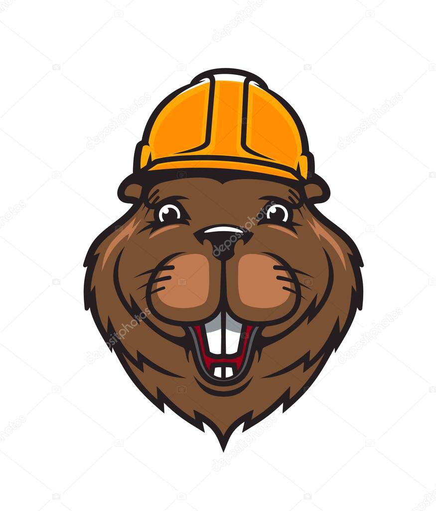 Beaver animal mascot in builder hardhat, construction, building and architecture vector emblem. Cartoon beaver mascot in yellow hardhat as worker engineer, carpenter or masonry service company badge