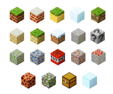 Pikseldeki çimen, taş, buzlu su ve kum, lav veya kömür ve TNT blokları, vektör desenleri. Oyun seviyesi veya zemin yüzeyi platformları için piksel sanatı 8 bit oyun izometrik blokları ve küp tuğlaları