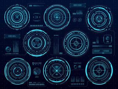 HUD dairesel veri bilgi, dijital arayüz ve veri ekranı gösterge paneli, vektör fütüristik teknoloji. Web panelinde HUD dairesel arayüz ve görsel veri bilgi, grafik ve diyagramları