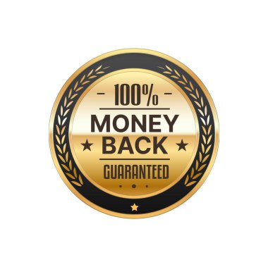 Altın rozet ve etiketi geri ver. Para geri ödeme garantisi altın etiket veya sertifika mührü, servis kalitesi garanti yuvarlak vektör rozeti veya çıkartma. Müşteri memnuniyeti parlak metal etiket