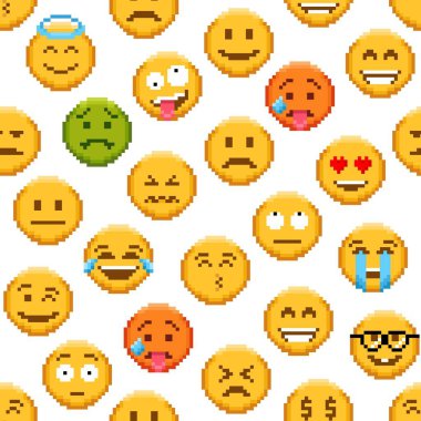 Piksel emojisi kusursuz desen. Tekrarlanan arka plan karikatürü 8bit üzgün ve mutlu yüzler, gülümse ya da mutsuz emoji. Ağlayan, kızgın, sevgi dolu yüz ifadeleri, komik sarı yüz ifadeleri