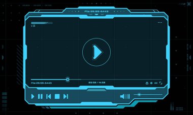 HUD video ve ses oynatıcı fütüristik ekran arayüzü. Dijital navigasyon çubuğu veya paneli olan canlı ses oynatıcı UI. GUI geleceksel vektör görüntüsü, SCI FI müzik kontrol paneli veya neon mavi çerçeve düğmeleri