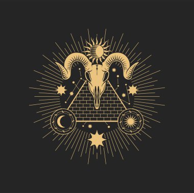 Keçi kafatası, Mısır piramidi, ay ve ışık saçan yıldız vektör mason sihirli amblemi, izole simya, cadı ya da putperest sembollü gizemli pentagram işareti.