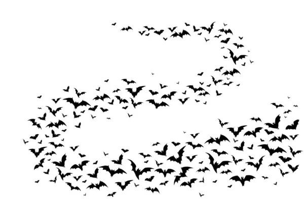 ハロウィーンのコウモリを飛んで 孤立したベクトル吸血動物の群れ曲線波は白い背景に飛ぶ 不気味なコウモリの群れ黒いシルエット 不気味な動物の生き物グループフローグラフィックデザイン要素 — ストックベクタ