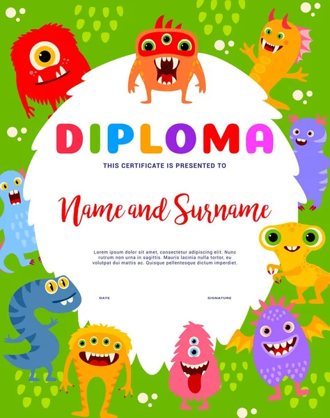 Personagens Monstro Desenhos Animados Diploma Crianças Educação Vetorial Graduação Fronteira — Vetor de Stock