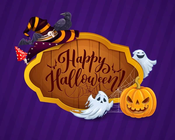 Banner Halloween Con Letrero Madera Sombrero Bruja Calabaza Caricatura Vector — Vector de stock