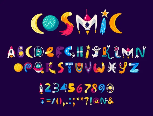 Cartoon Ruimte Lettertype Universum Type Sterrenstelsel Lettertype Vector Alfabet Letters — Stockvector