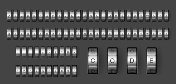 组合代码锁字体 挂锁类型和字体 向量字母 铬钢制拨号盘安全盒组合密码锁字体 Abc型 带有金属挂锁数字和符号 — 图库矢量图片