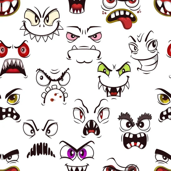 Cartoon Eerie Angry Monster Faces Seamless Pattern Vector Background Creepy — Stock Vector