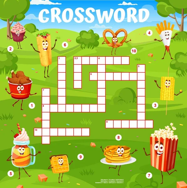 Crossword Quiz Game Grid Cartoon Fast Food Sobremesas Personagens Planilha — Vetor de Stock