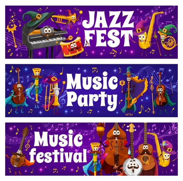 Muziekfeest Jazz Festival Banners Met Tovenaar Muziekinstrument Personages Vector Geluidsgolven — Stockvector