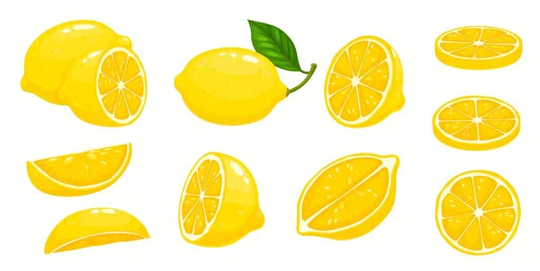 Dessin Animé Tranches Fruits Citron Coupées Deux Entières Avec Feuille — Image vectorielle