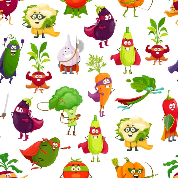 Tegnefilmgrønnsaker Superhelt Sømløst Mønster Vektorbakgrunn Med Blomkål Aubergine Squash Agurk – stockvektor