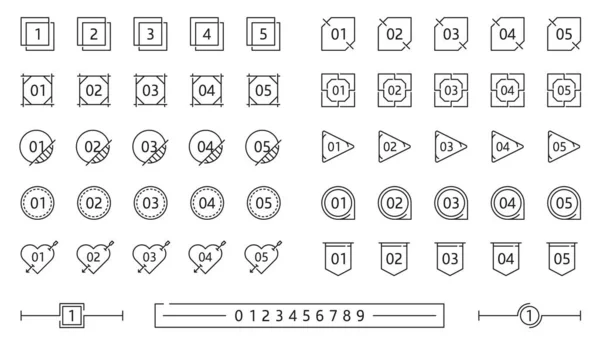 インフォグラフィック番号ボックスフレーム ビジネスダイアグラム指標アウトラインフレームまたはアイコン プレゼンテーション番号記号 単純なベクトルピクトグラム インフォグラフィックの数字行の正方形 丸と三角形のボックス — ストックベクタ