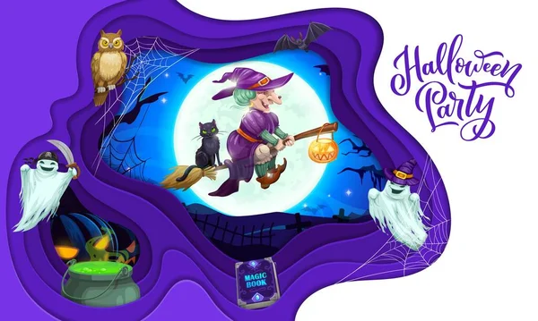 Papier Halloween Couper Sorcière Personnages Fantômes Art Vectoriel Avec Cadre — Image vectorielle