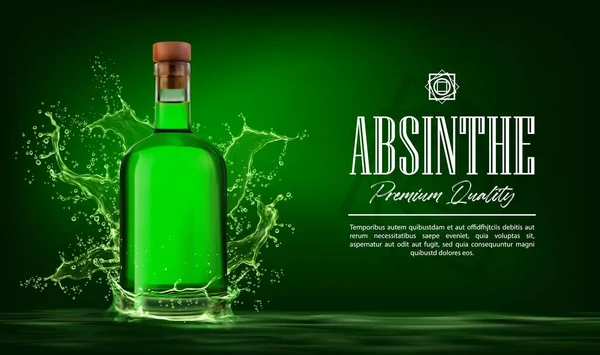 Yeşil Arka Planda Absinthe Alkol Şişesi Vektör Bar Içkisi Afişi — Stok Vektör