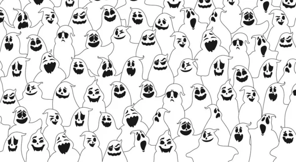 Cartoon Halloween Ghosts Pattern White Vector Background Creepy Spooks Emotions — Stock Vector