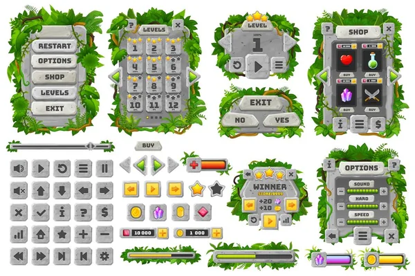Jungle Stenen Spel Interface Cartoon Gui Elementen Vector Spel Asset — Stockvector
