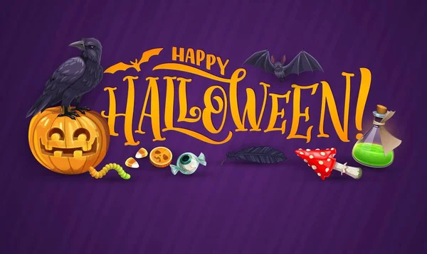 Cartoon Halloween Banner Κινούμενα Σχέδια Διάνυσμα Ευχετήρια Κάρτα Ρόπαλο Μαύρο — Διανυσματικό Αρχείο