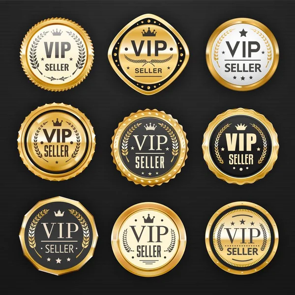 Vip Seller Golden Badges Labels Premium Quality Store Vector Gold — Stock Vector