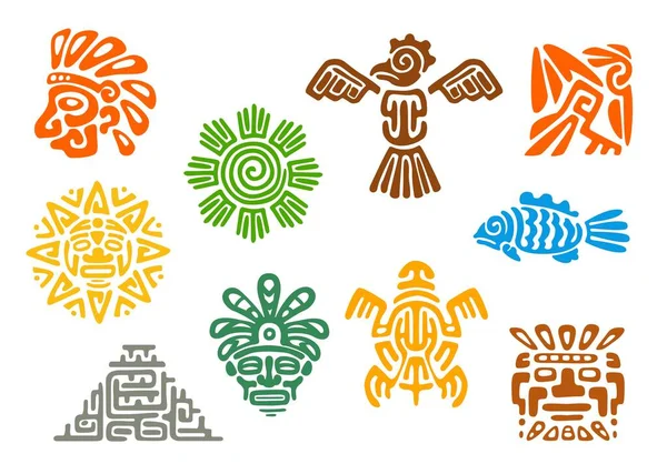 Mayan Aztec Totems Mexican Tribal Vector Symbols Sacred Animals Birds — Stock Vector
