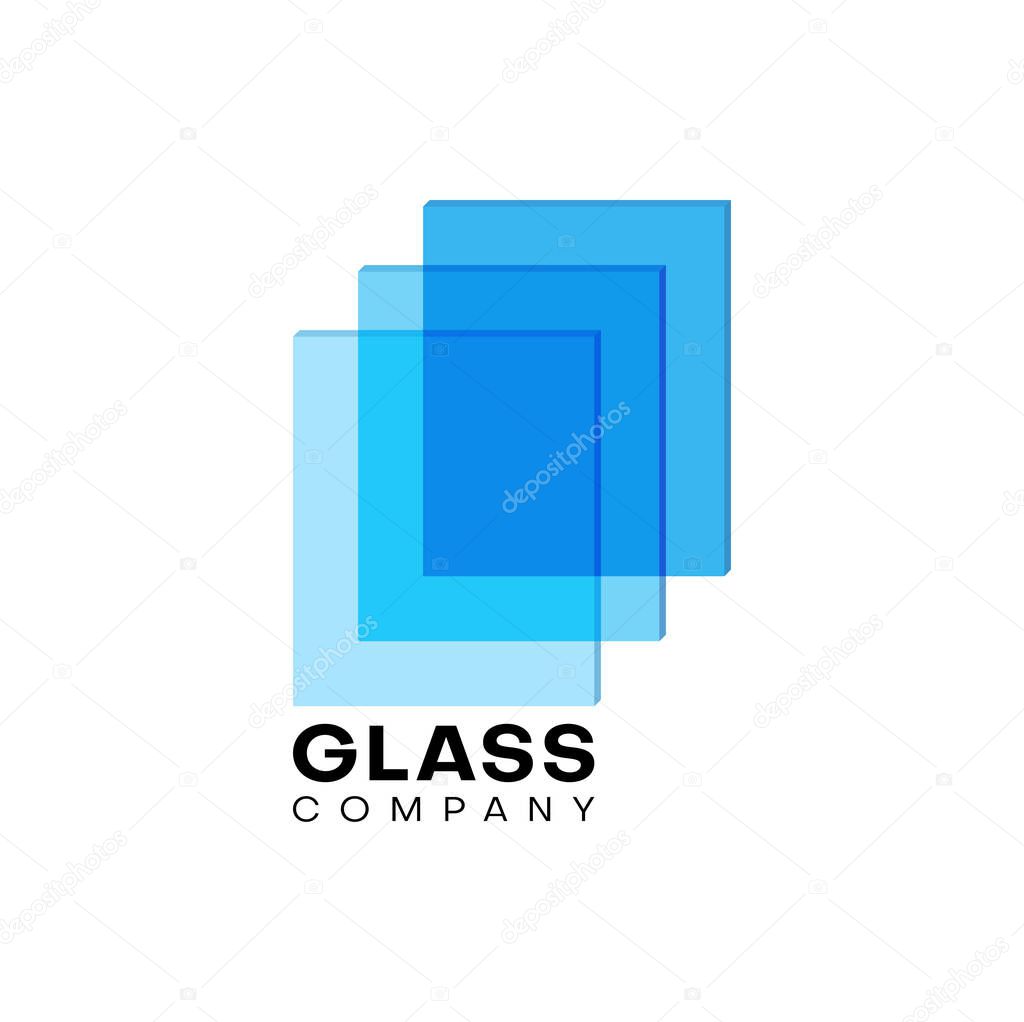 Glass icon, isolated vector emblem with blue transparent rectangular layers. Glass company branding element in trendy style. Logotype for web and ui design, mobile app and business promotion