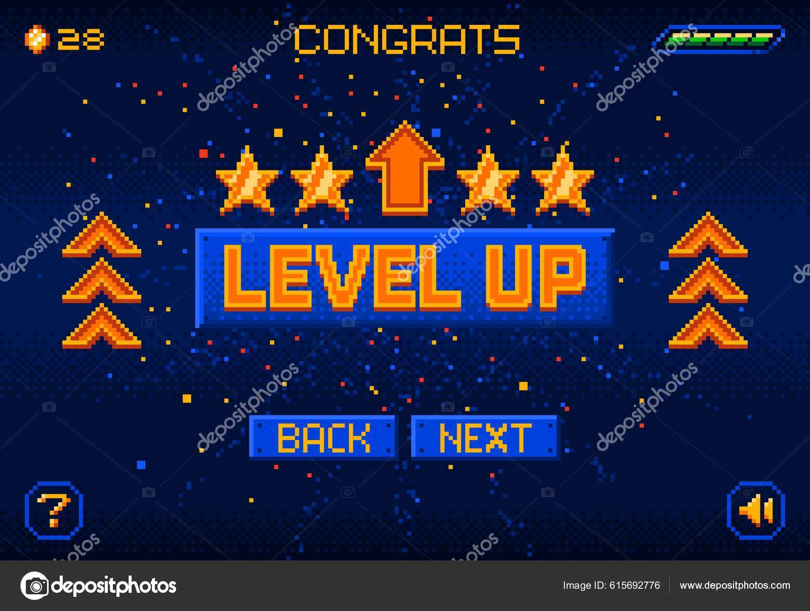 Tela de vitória de jogo de pixel interface de videogame retrô de 8 bits com  fundo de nível de jogo de computador de texto you win ilustração vetorial de  pixel art