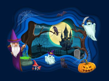 Cadılar Bayramı gazetesi manzarayı kesiyor. Çizgi film büyücüsü, hayaletler ve kale. 3 boyutlu çerçeveli vektör partisi posteri, beyaz sakallı büyücü yeşil iksir, balkabağı ve kuzgun içeren sihirli değneği yanında tutuyor.